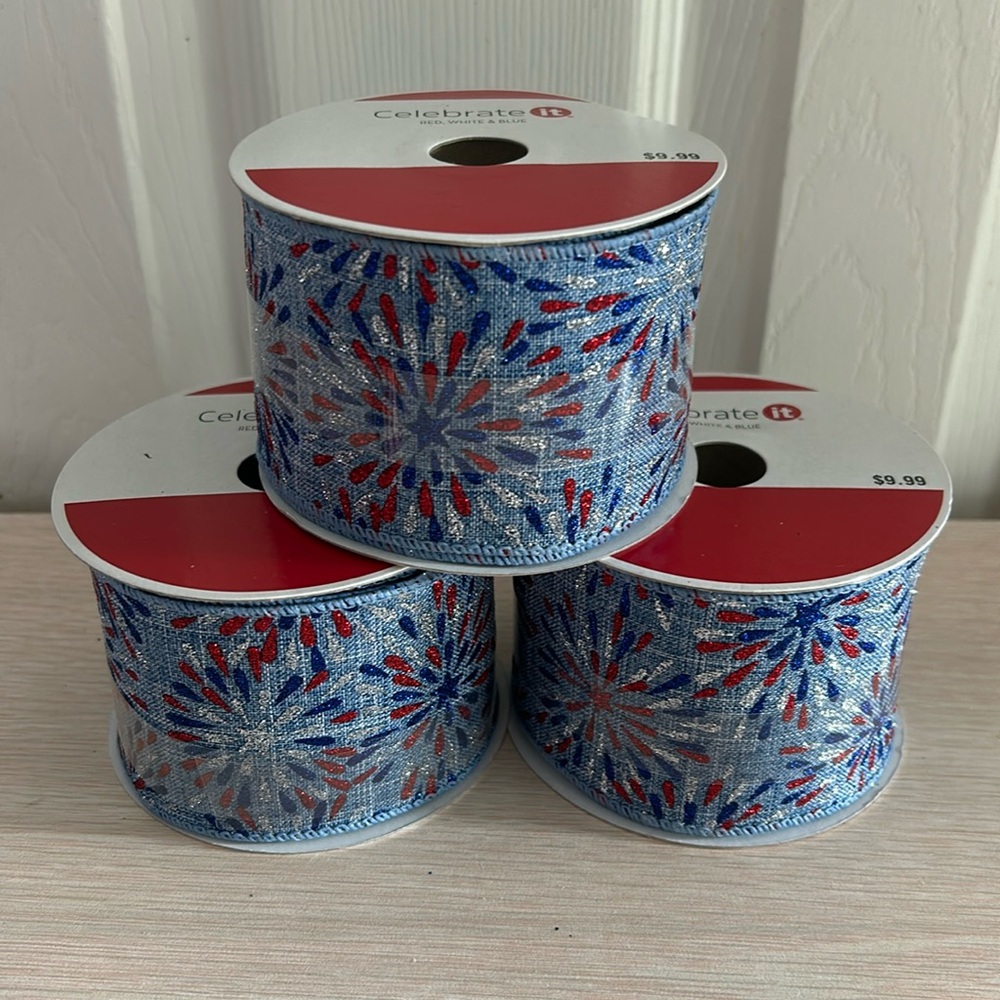 CELEBRATE IT RED WHITE& BLUE LINEN GLITTER FIREWORKS RIBBON LOT OF 3 NWT
